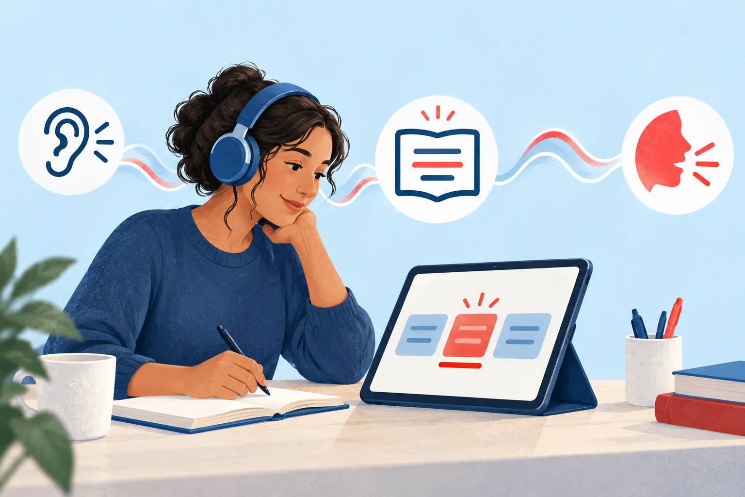 An illustrated learner with headphones and a tablet with red highlighting, connected to listening, reading and speaking symbols.